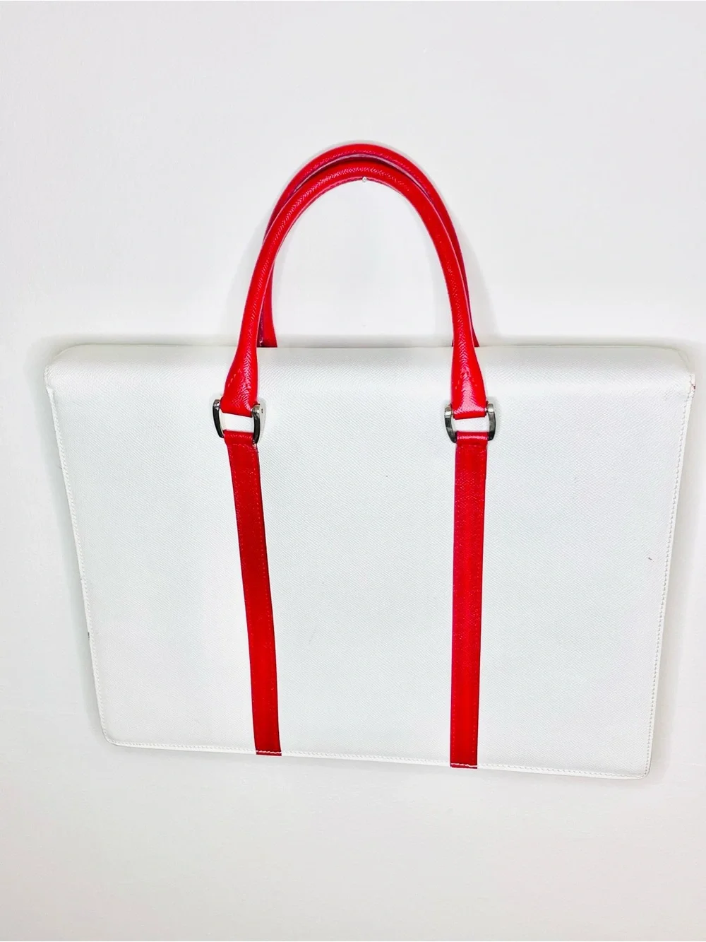 Brahmin White Structured Satchel w/ Red Trim & Silver Clasp